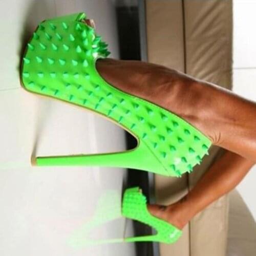 Sexy Green Rivets High Platform Pumps Peep Toe Patent Leather Dress Shoes Slip On Spikes Celebrating Shoes Size 45