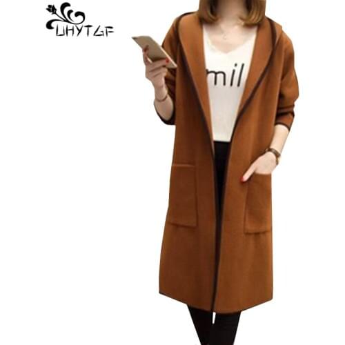 UHYTGF Woman Autumn Woolen Coats Fashion Cardigan Plus Size Jacket Mid-Length Hooded Elegant Female Long Tops Outerwear 378