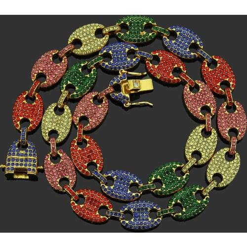 Punk HIP HOP 13MM Iced Out CZ Multi-Colors Coffee Bean Nose Alloy Rhinestone Charm Link Chain Bling Necklace for Men Jewelry