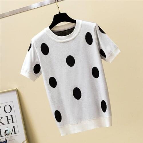 Spring Summer Dot Harajuku Ribbed Striped Elastic T Shirt Women Casual Short Sleeve Shirt Cotton T-shirts Tops Knitted Tees Tops