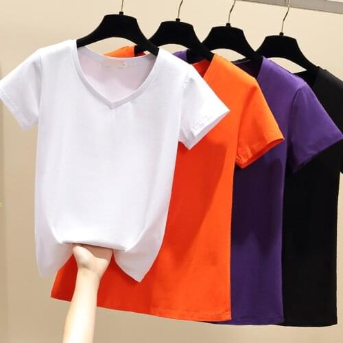 High Quality S-3XL Plain T Shirt Women Cotton Elastic Basic Vintage V-Neck T-shirt Female Casual Tops Short Sleeve T-shirt Women