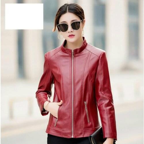 Long sleeve short faux leather jacket womens leather coat wine red women jackets stand collar fashion B419