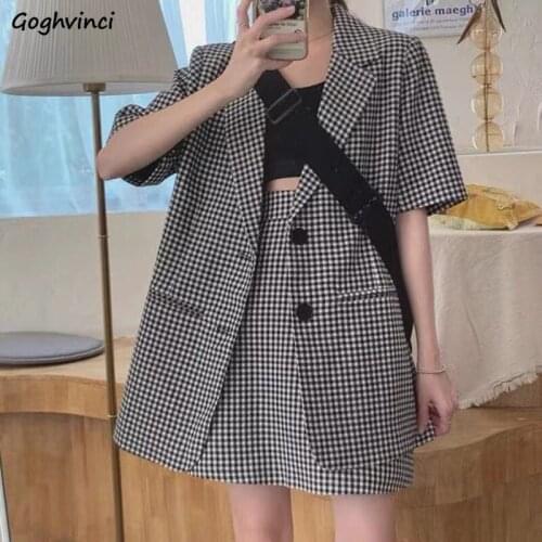 Women Sets Trendy Short Sleeve Plaid Vintage Single Breasted Notched Tops A-line Mini Skirts Female Korean Style Office Lady Ins