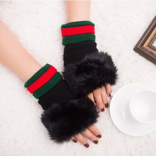 Fur Gloves Women New Wool Warm Winter Luxury Imitated Furs Half-Finger Gloves Multi-Color Stripe Wholesale Female Short Gloves