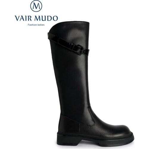 VAIR MUDO Women Motorcycl Knee-High Heel Thick Bottom White Black White Genuine Leather Footwear Round Toe Shoes Women WM-X288-C