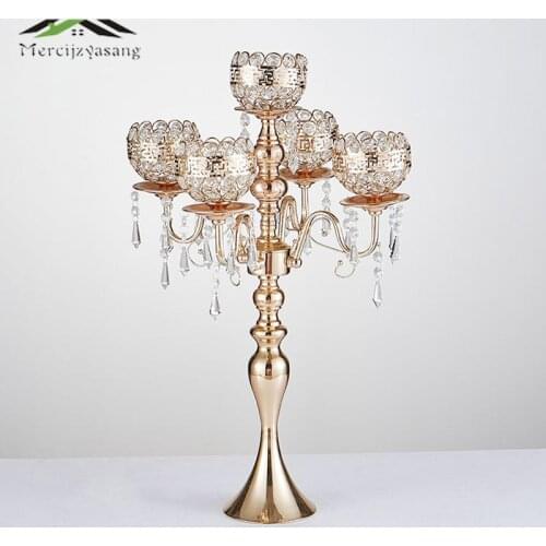 Gold Candle Holders 5-Arms Candlestick For Wedding Stand Pillar With Crystals Portavelas Metal Candelabra 10PCS/LOT 63CM 01502