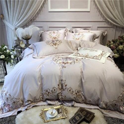 White Golden Luxury 80S Egyptian cotton Embroidered Bedding sets Queen King Royal Duvet cover Bed sheet set Pillowcases 4/6pcs
