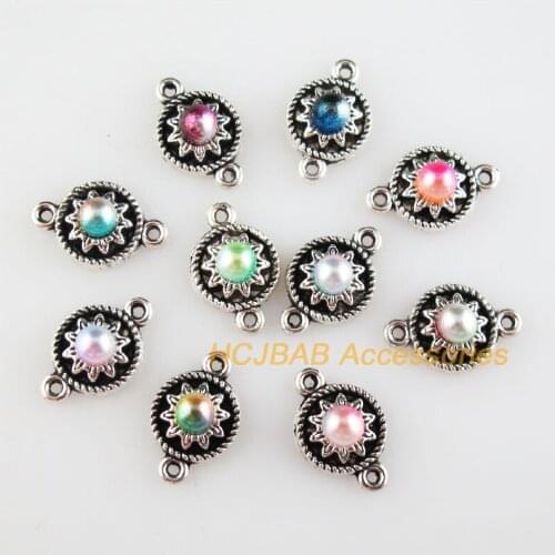 30 New Round Charms Mixed Acrylic Flower Connectors Tibetan Silver Tone 9x13.5mm