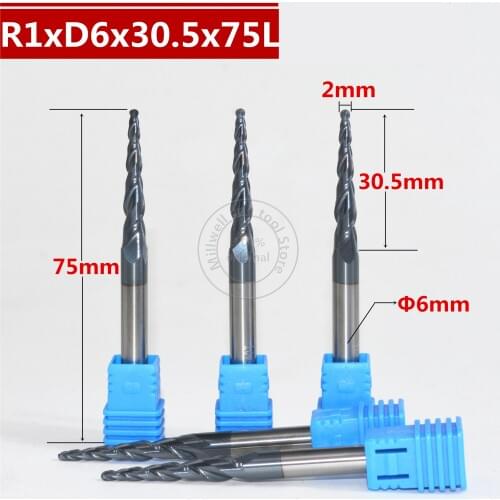 Free shipping R1*D6*30.5*75L*2F HRC55 Tungsten solid carbide Coated Tapered Ball Nose End Mill taper and cone end mills