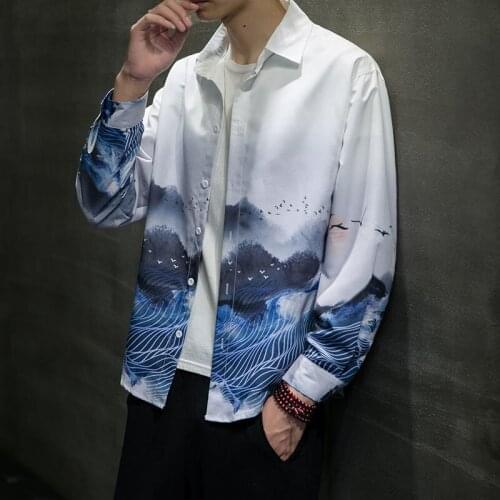 MrGB Chinese Style Landscape Print Men Shirt Long Sleeve Blouse Oversize Casual Men Shirts Vintage Fashion Brand Mens Clothing