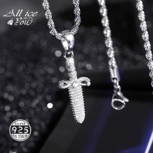 ALLICEONYOU 925 Sterling Silver High Quality Iced Out Cubic Zirconia Sword Cross Pendant&Necklace Hip Hop Fashion Jewelry Gift