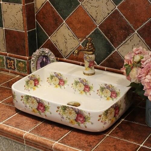 Porcelain peony square basin porcelain countertop basin bathroom lavabo Antique bathroom lavabo