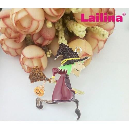 Halloween Newest Enamel Flying Witch Rhinestone Pendant With Pumpkin Charm Pendant Witch Chunky Necklace