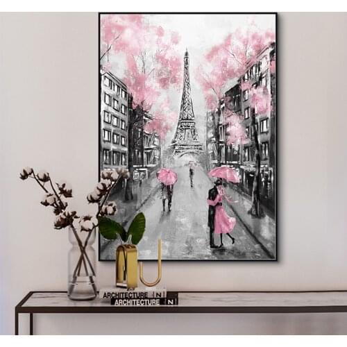 Pink Romantic City Couple Paris Eiffel Tower Landscape Oil Painting on Canvas Posters and Prints Cuadros Wall Picture for Decor