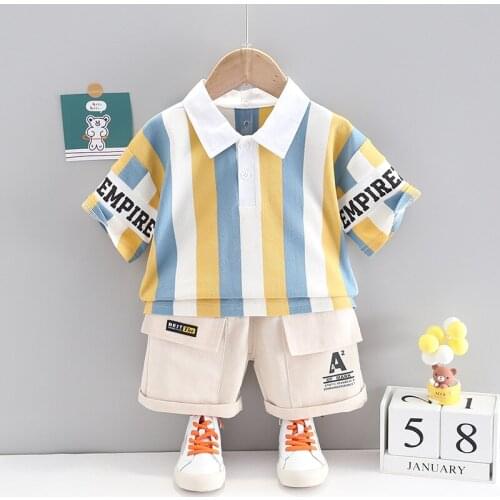 2021 Toddler Baby Boys Girls Clothing Sets Kids Infant Cotton Letter Striped Tops T-Shirts+Tooling Pants Summer Child Outfits