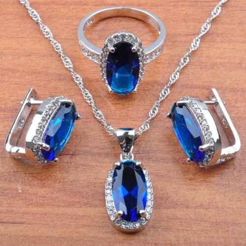 Blue Zirconia Wedding Jewelry Sets For Women Silver Color Pendant Earrings Ring Necklace Set 2020 New JS0167