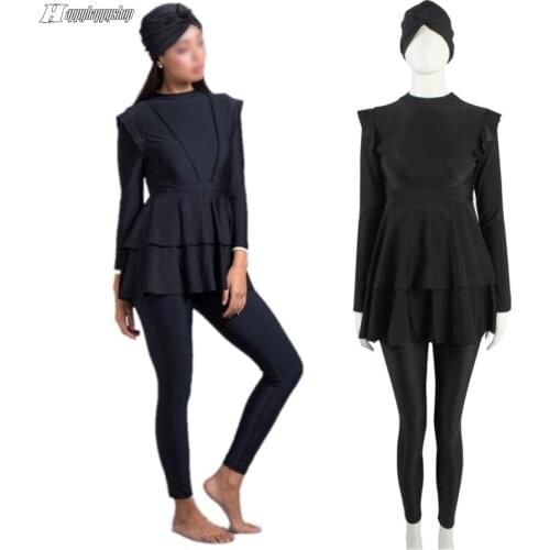 3 Pieces Suit Women Full Cover Muslim Swimwear Modesty Hijab Swimming Cap Ruffles Tops and Long Pants Beachwear Bathing Suit