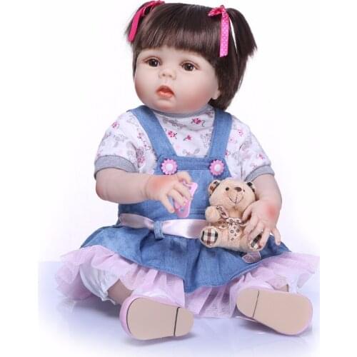 Brown eyes bebes reborn Baby Doll 55 cm 3/4 Silicone real Sweet Girl Newborn Dolls hot sale children gift Toys with Denim skirt