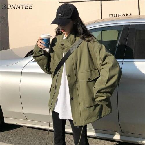 Women Basic Jackets Cargo Stand Collar Loose Harajuku Streetwear All-match Outwear Korean Style Vintage Windbreaker Casual Coats