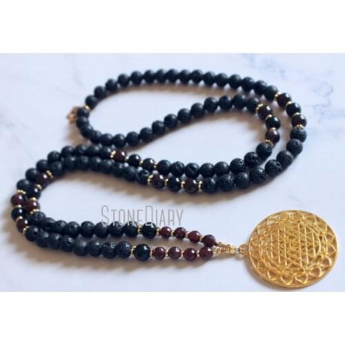 MN36792 Lava Stone Tourmaline Garnet 108 Mala Necklace Oil Diffuser Sri Yantra Necklace Yoga Jewelry Meditation Beads