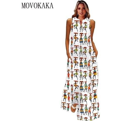 MOVOKAKA Character Cartoon Printed Maxi Dress 2021 Casual Plus Size Girls Long Dresses Summer Woman Sleeveless Beach Dress Women