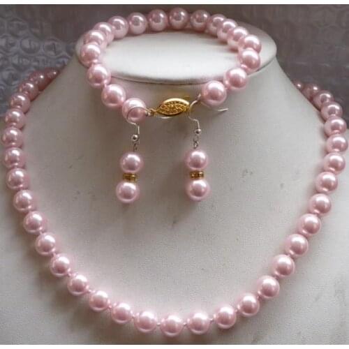 New (Mini Order1) 10mm Pink Sea Pearl Shell Necklace Bracelet Earring Set Pearl Beads Fashion Jewelry Set Natural Stone 18inch