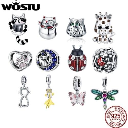 WOSTU Authentic 925 Sterling Silver Cute Ladybug Insect Cat Charms Pendant Fit Bracelets Women Fashion DIY Jewelry Gift Making