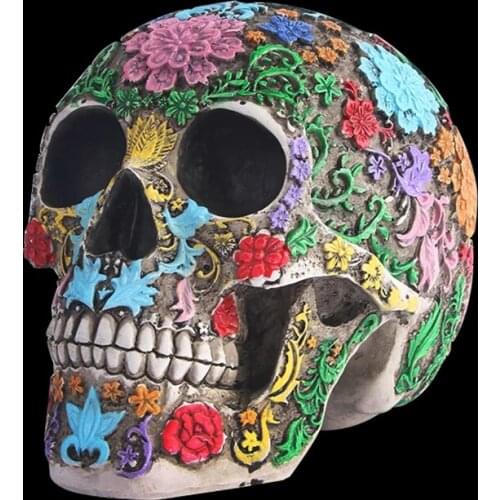 Resin Skull Head Carving Flower Creative Colorful Skeleton Figurine Halloween Ornament Gift Home Decor Decoration Accessories