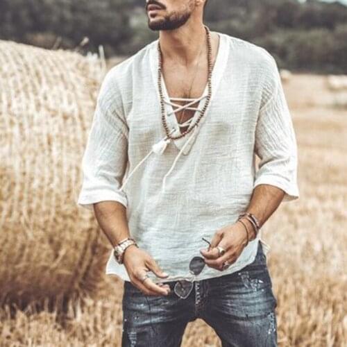 Spring Autumn Summer New Mens Casual Shirt Half Sleeve Cotton LinenCross Drawstring Shirts Men Loose Holiday Shirts Tops