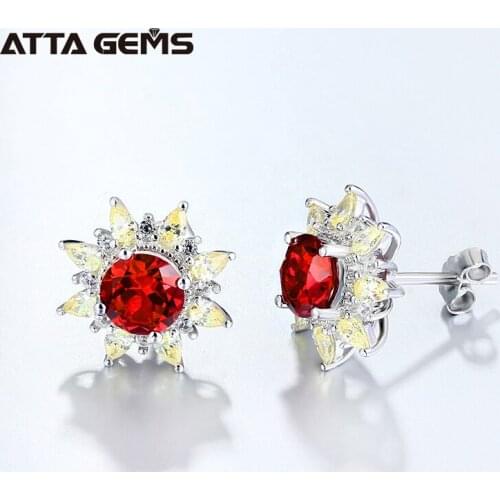 Ruby Sterling Silver Stud Earring for Women Fine Jewelry 1.4 Created Ruby Yellow Zircon Romantic Style Gifts for Girls