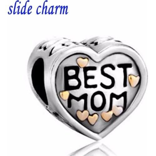 Slide charm Free shipping Mothers Day gift best mother love golden amulet charm beads fit Pandora bracelet