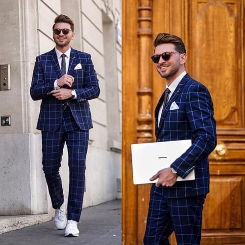 Navy Mens Suits For Groom Tuxedos 2020 Notched Lapel Slim Fit Blazer Two Piece Jacket Pants Vest Man Tailor Made Clothing