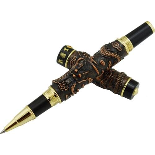 Jinhao Vintage Luxurious Rollerball Pen Double Dragon Playing Pearl, Metal Carving Embossing Heavy Pen Red Copper for Office