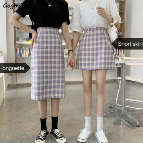 Skirts women vintage purple plaid high-waist a-line skirt sweet girls fashion simple leisure body-con all-match Korean elegant