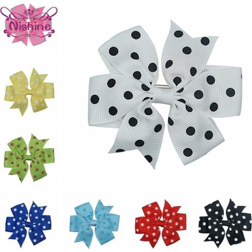 Nishine 10pcs/lot Grosgrain Ribbon Bowknot Bangs Hairpins Cute Dots Print Bows Infant Hair Clips Children Headwear Birthday Gift