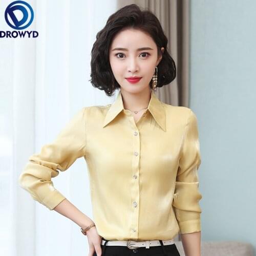Spring Summer Hidden Breasted Women Silk Shirt Casual Female Blouse Tops Long Sleeve Lapel Shirts OL Style Women Satin Blouses