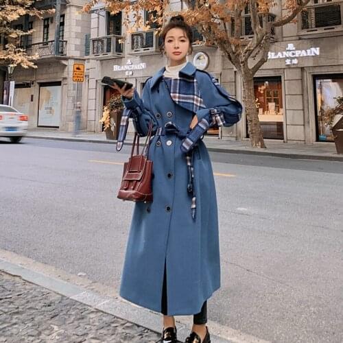 Female Jacket New Autumn Winter Plaid Splicing Over Knee Loose Slimming Mid-Length Casual Thickened Warm Wool Woolen Coat