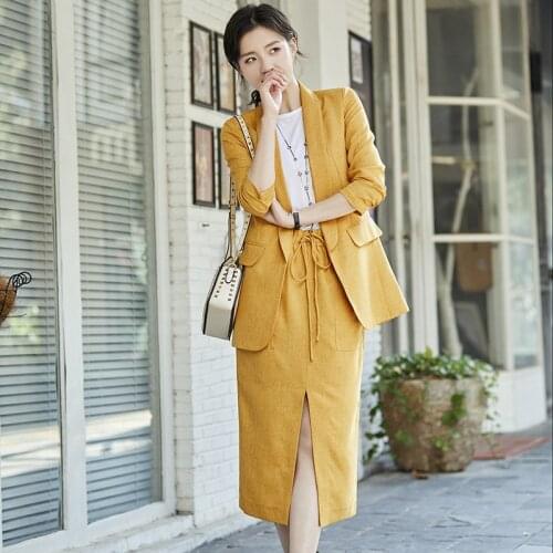 Fashion summer Women Skirt Suits Notched Cotton linen Blazer Jackets & Loose skirt Two Pieces OL Sets Female Outfits Womens Set