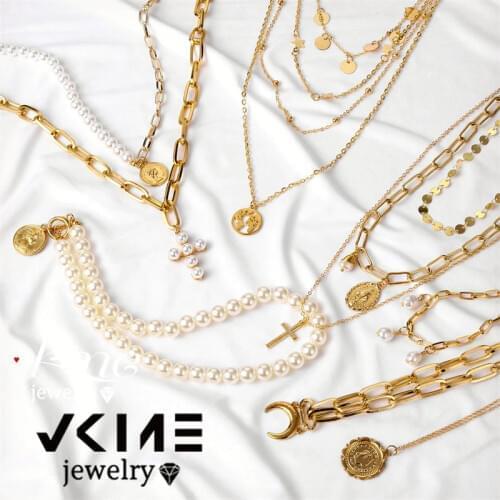 VKME Bohemian Gold Necklaces For Women Multilayer Fashion Pearl Pendants Necklace Portrait Chokers 2020 Trendy New Jewelry Gift
