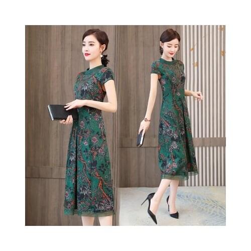 2021 Summer New Fashion Slim Round Neck Printed Long Dress Short Sleeve Vintage Vestidos Elegantes Ladies Dresses