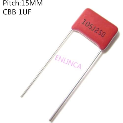 10pcs/lot 1UF 1000NF 105J 1.5UF 1500NF 155J Pitch 15mm 1UF 1000NF 105J Pitch 15mm 250V 5% DIP CBB Polypropylene film capacitor