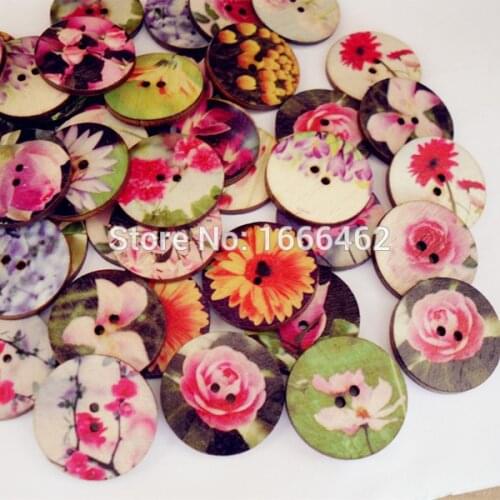 2015 100 new mix 2 round-painted wooden flower-shaped clip 25mm sewing buttons sewing accessories