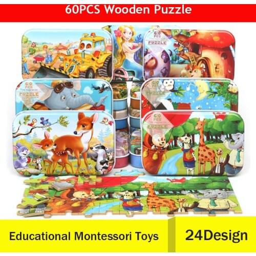 60pcs/Set 3D Puzzle Wooden Toys Cartoon Jigsaw Puzzle for Kids Early Educational Montessori Toys for Children with Iron Box