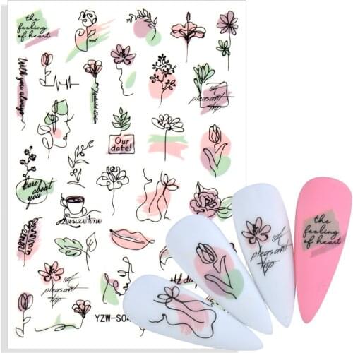 Abstract Women Face Nail Sticker Black Flower Leaf Dreamcatcher Hollow Animal Sketch Geometric Lines Nail Art Decorations Decal