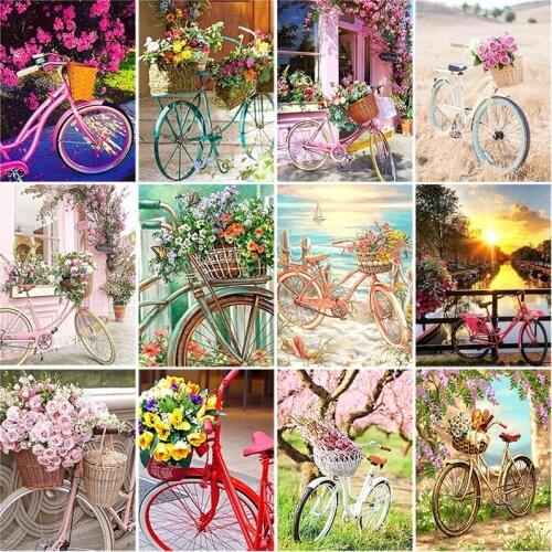 DIY 5D Diamond Painting Flower with Bicycle Diamond Embroidery Scenery Picture Rhinestones Full Round Mosaic Cross Stitch Decor