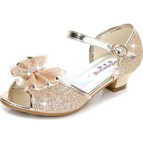 Princess Kids Leather Shoes for Flower Casual Glitter Children High Heel Girls Butterfly Knot Blue Pink Silver Children Sandals