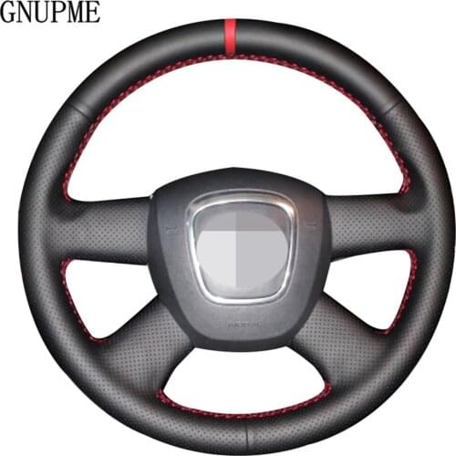 Black Car Steering Wheel Cover Red Marker For Audi Old A4 B7 B8 A6 C6 2004-2011 Q5 2008-2012 Q7 2005-2011 (No Button)