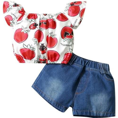 OPPERIAYA 2Pieces Kids Summer Cotton Casual Set Cherry Print Boat Neck Short Sleeve Tops Denim Shorts for Toddler 3-24 Months