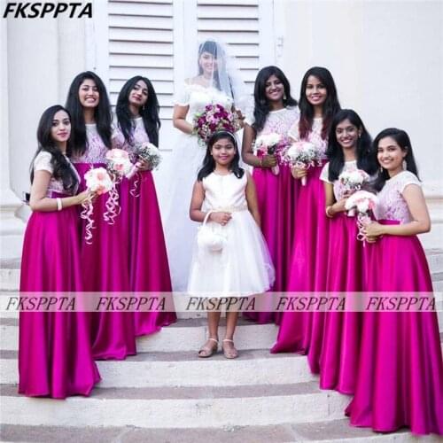 Elegant Fuchsia 2021 Long Bridesmaid Dresses White Lace Short Sleeves Satin Formal Wedding Party Gowns For Maids Of Honor
