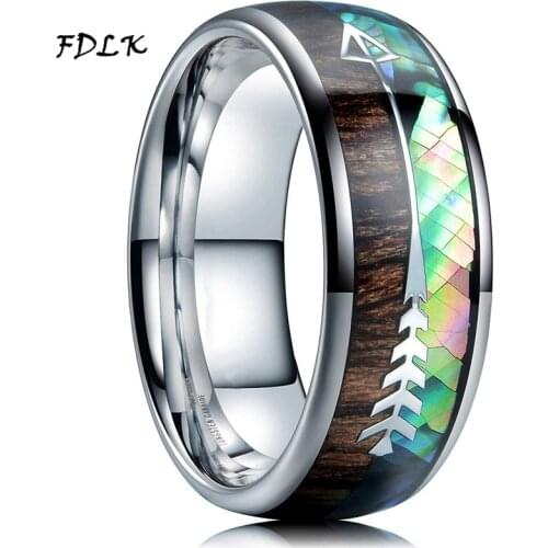 FDLK New 8mm Men Stainless Steel Ring Natural Rainbow Abalone Shell & Koa Wood Inlay Arrow Ring Men Wedding Band Size 6-13
